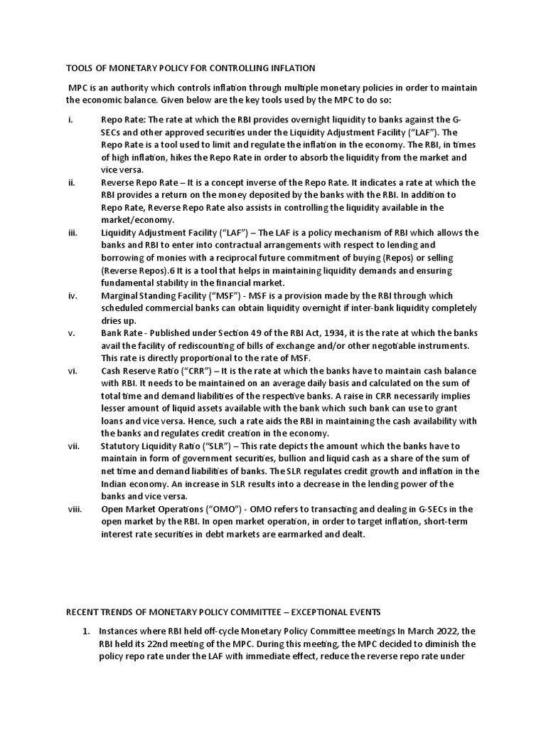 Tools of Monetary Policy for Controlling Inflation: An Analysis of the
