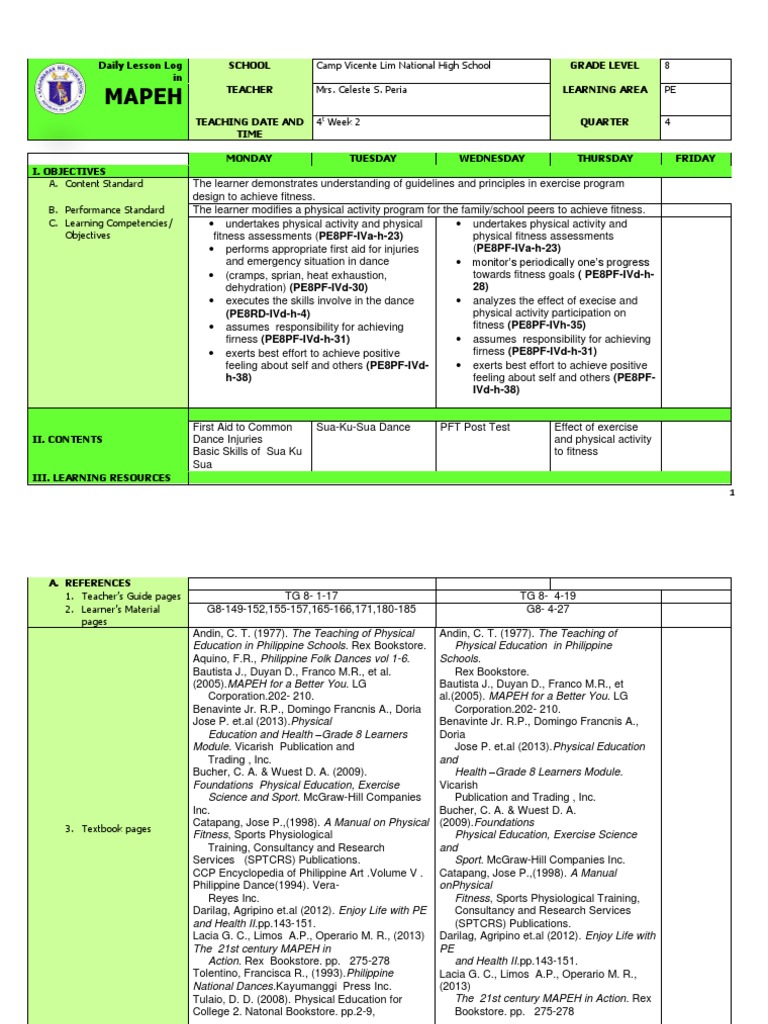 PE Grade 8 Quarter 4 Lesson Plan | PDF | Teachers | Learning