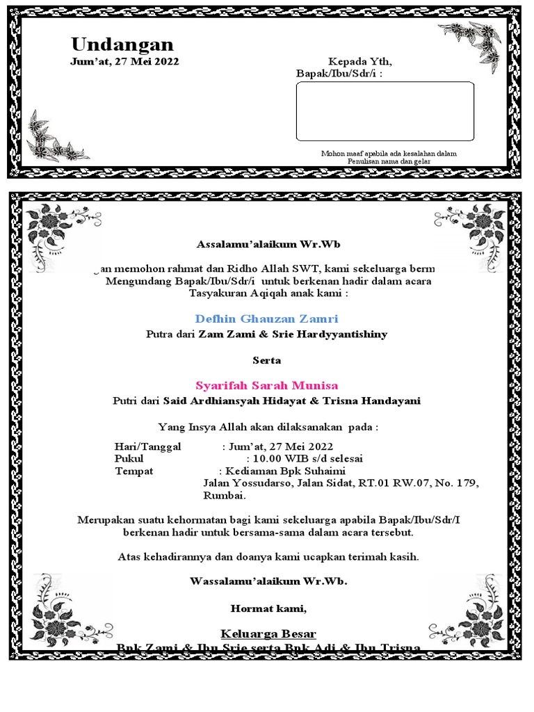 Undangan Aqiqah Lipat Ok | PDF