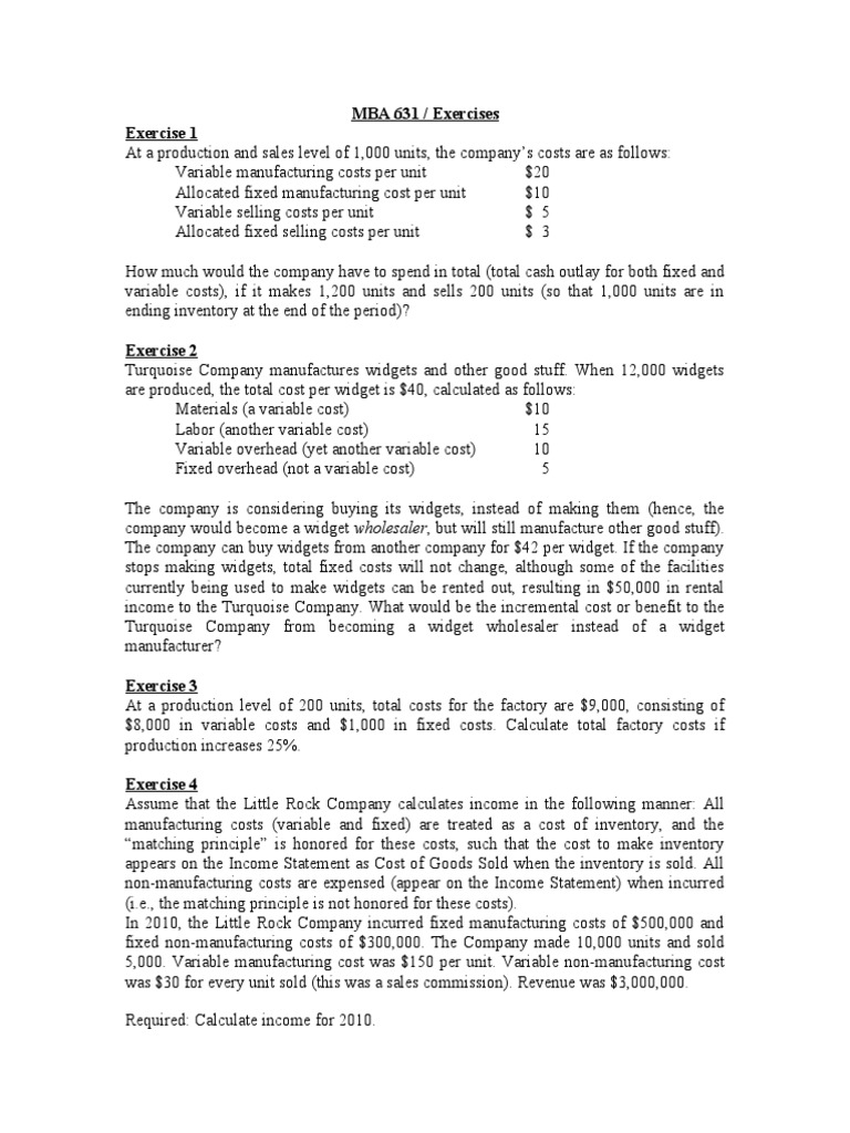MBA 631 Cost Analysis Exercises | PDF | Cost | Inventory