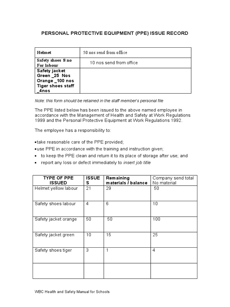 Ppe issue record template pdf