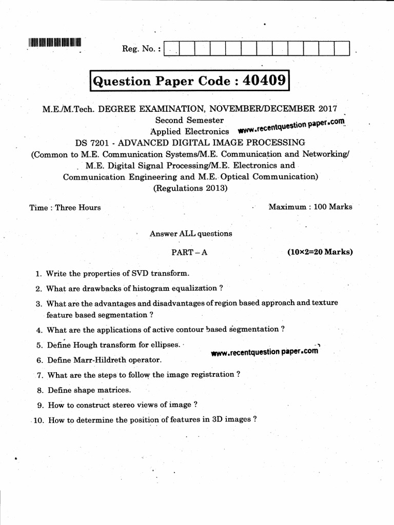 DS7201 Advanced Digital Image Processing University Question Paper Nov