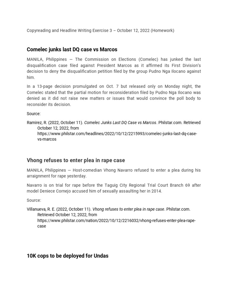 Copyreading and headline writing exercise 3 key pdf government