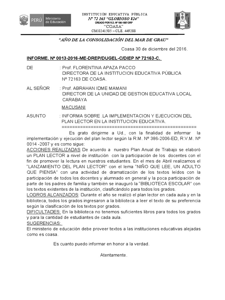 Informe Plan Lector Pdf