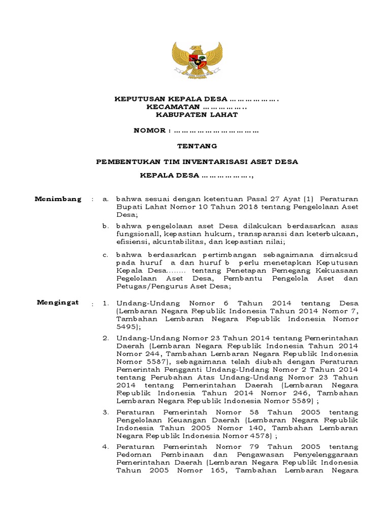 SK Tim Inventarisasi Aset Desa Contoh | PDF