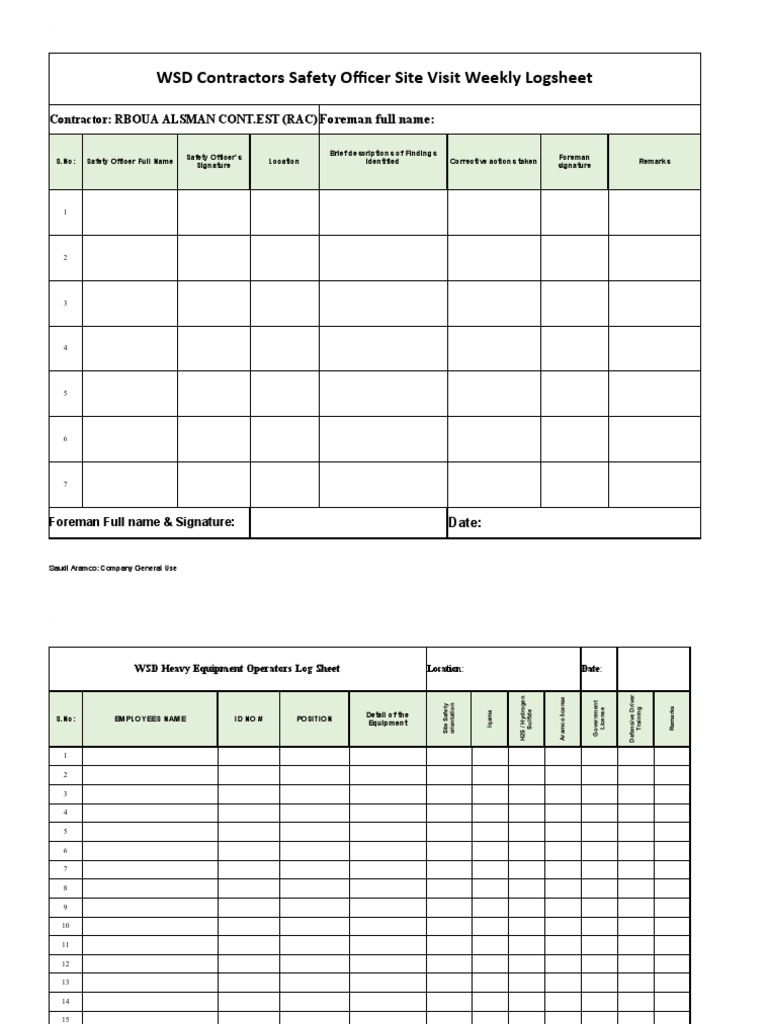 WSD Heavy Equipment Operator Log Sheet | PDF