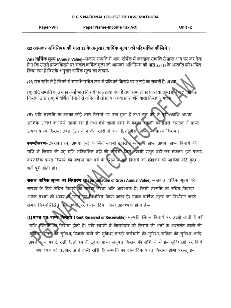 P.G.S National College of Law, Mathura PaperVIII Paper Tax