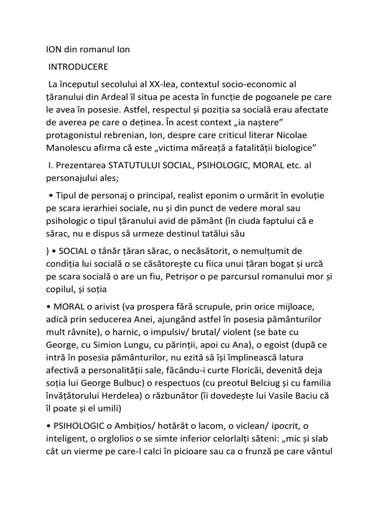 Cate Capitole Are Romanul Ion Caracterizare Ion Din Romanul Ion Bac Romana | PDF