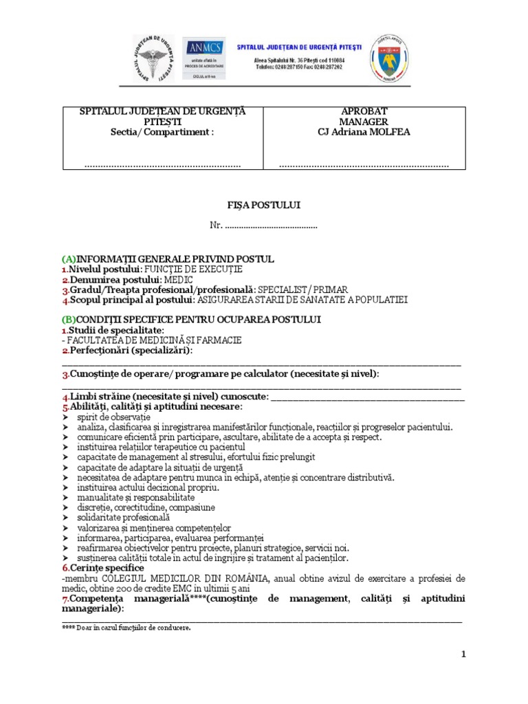 FISA POST Medic de Specialitate 1336 - 2022 | PDF