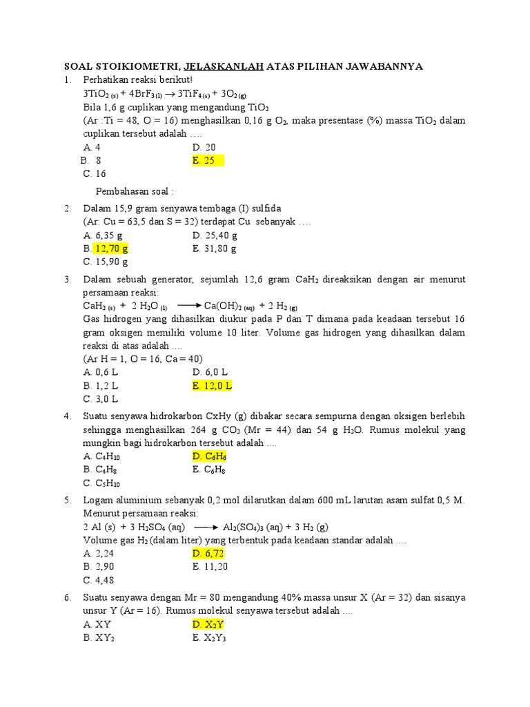 Soal Stoikiometri | PDF | Metode & Bahan Ajar | Sains & Matematika