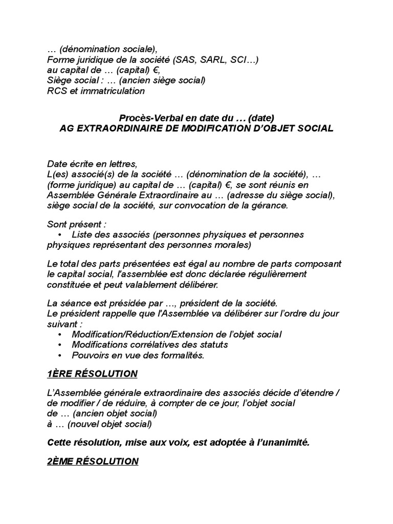 Procès-verbal de modification d'objet social | PDF | Finance et gestion ...