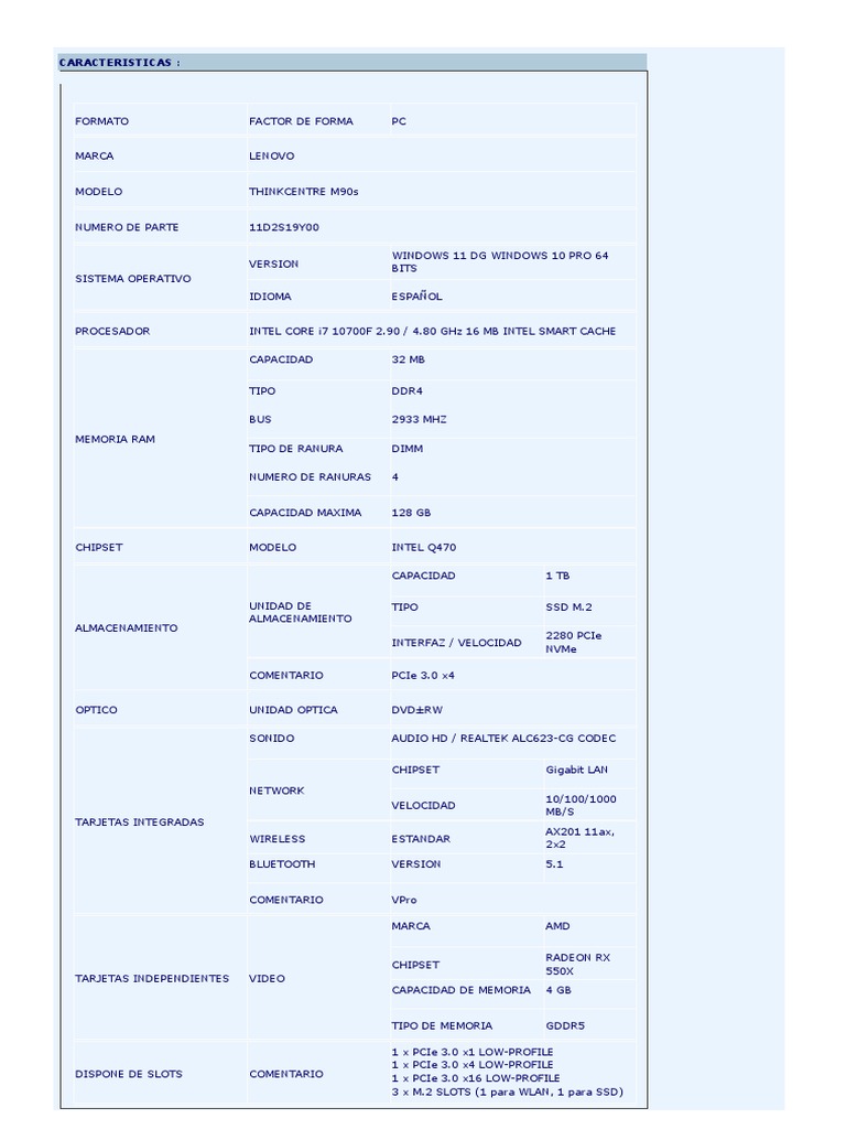 Especificaciones Lenovo ThinkCentre M90s | PDF | Unidad de estado ...