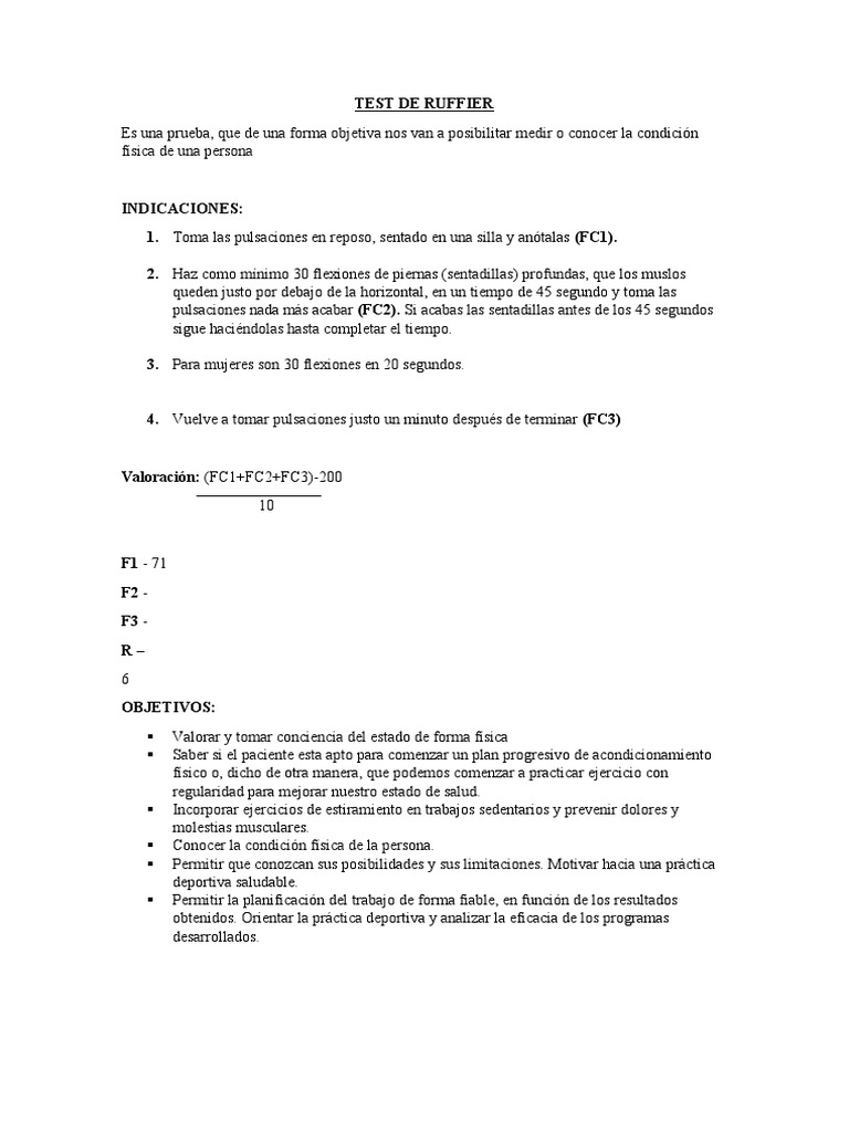 Test de Ruffier: Evaluación Física | PDF | Crecimiento personal y ...
