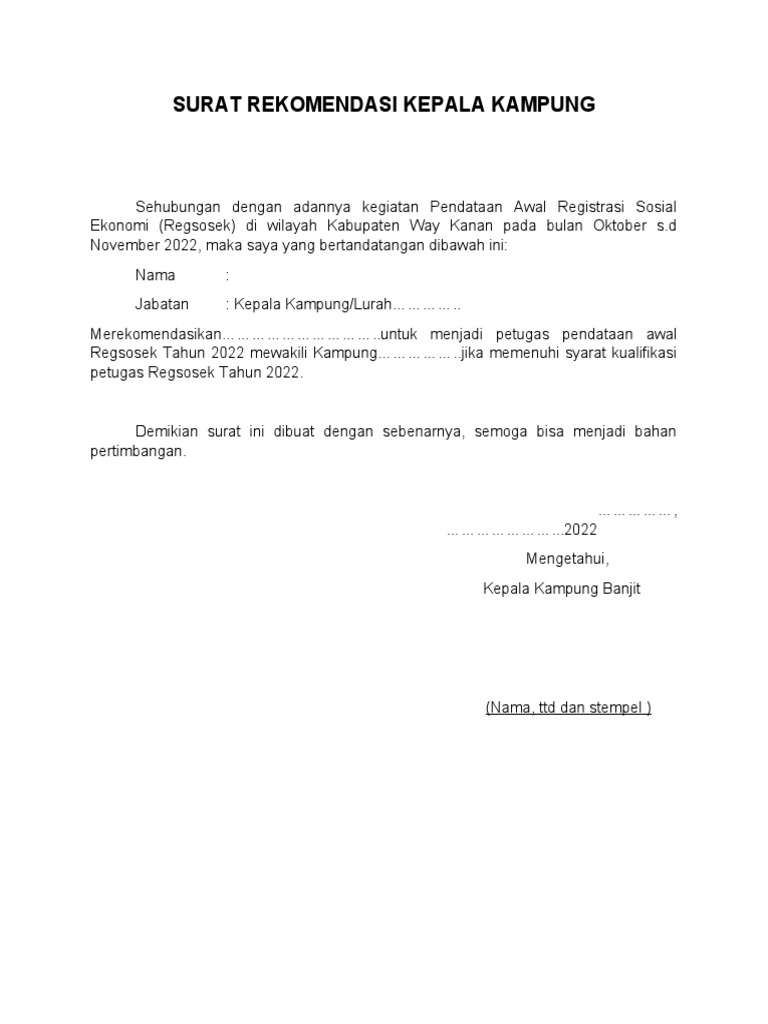 Surat Rekomendasi Kepala Kampung | PDF