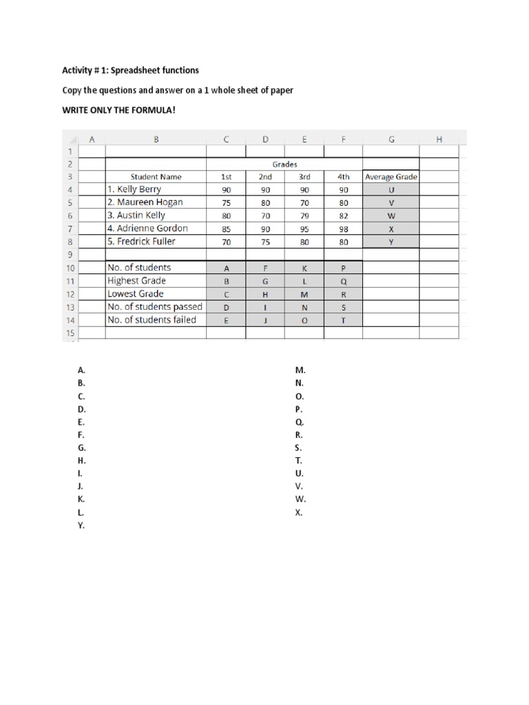 Activity Spreadsheet FUnction PDF