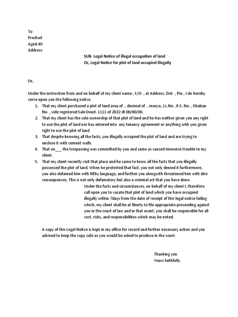Notice Illegal Occupancy of Land Retypeed | PDF