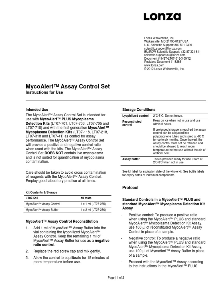 Mycoalert™ Assay Control Set Instructions For Use PDF Assay