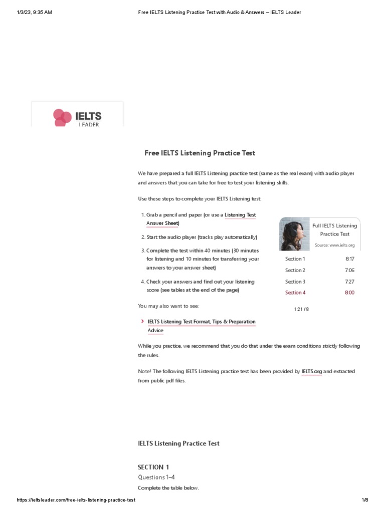 Free IELTS Listening Practice Test With Audio & Answers - IELTS Leader ...