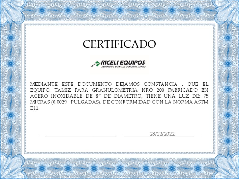 Certificados Tamices 200 Riceli | PDF