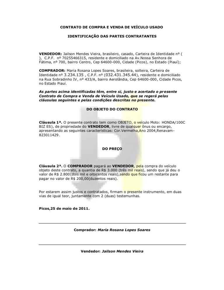 CONTRATO DE COMPRA E VENDA DE VEÍCULO USADO