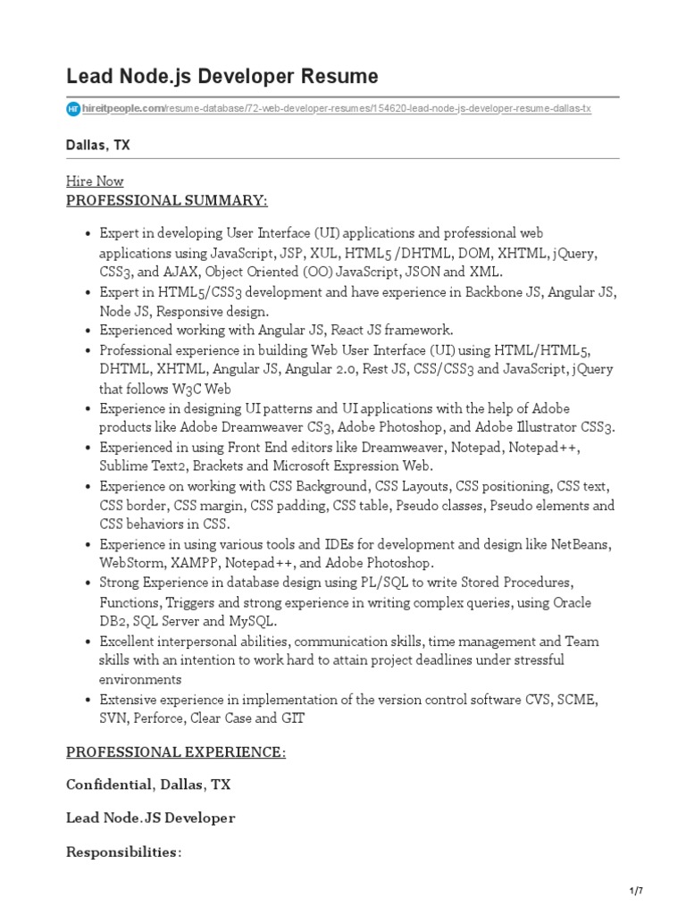 Lead Node.js Developer Resume Sample | PDF | Angular Js | Java Script