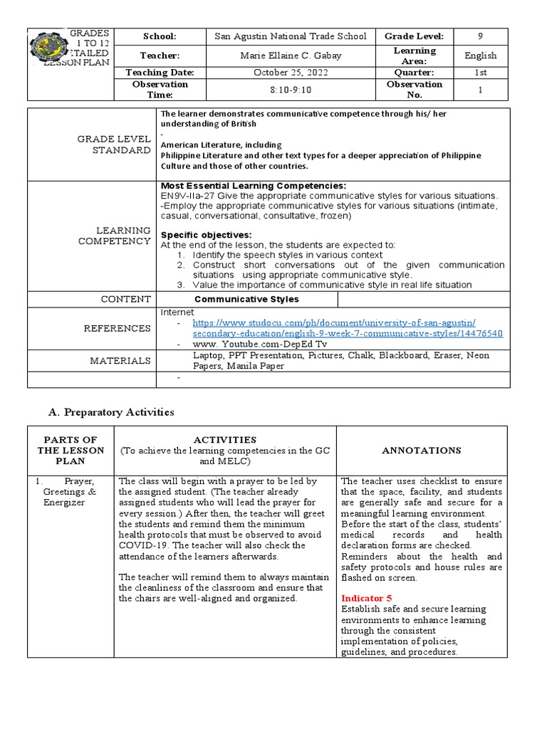 Grade 9 English Lesson Plan: Communicative Styles | PDF | Learning ...