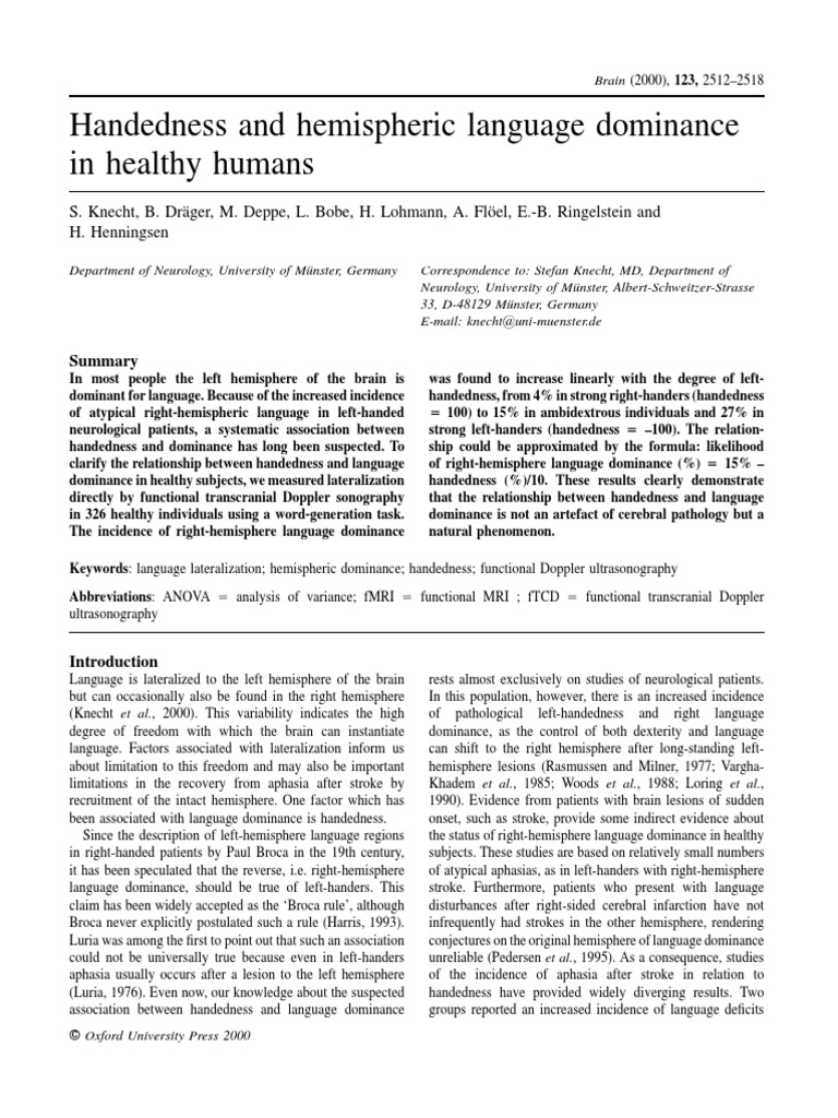 Handedness Language PDF Handedness Lateralization Of Brain Function