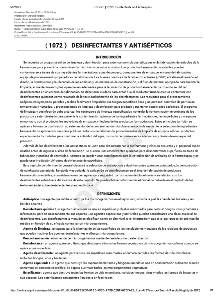 USPNF 〈1072〉 Disinfectants and Antiseptics PDF Esterilización