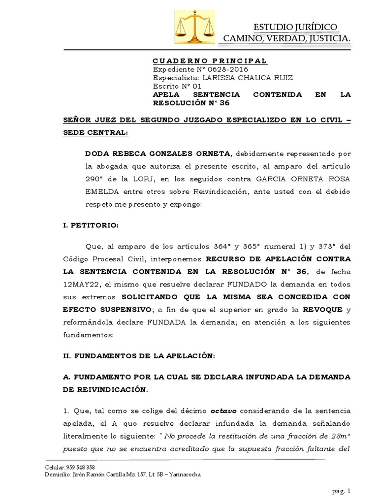 Apela Sentencia | Descargar gratis PDF | Sentencia (ley) | Demanda judicial