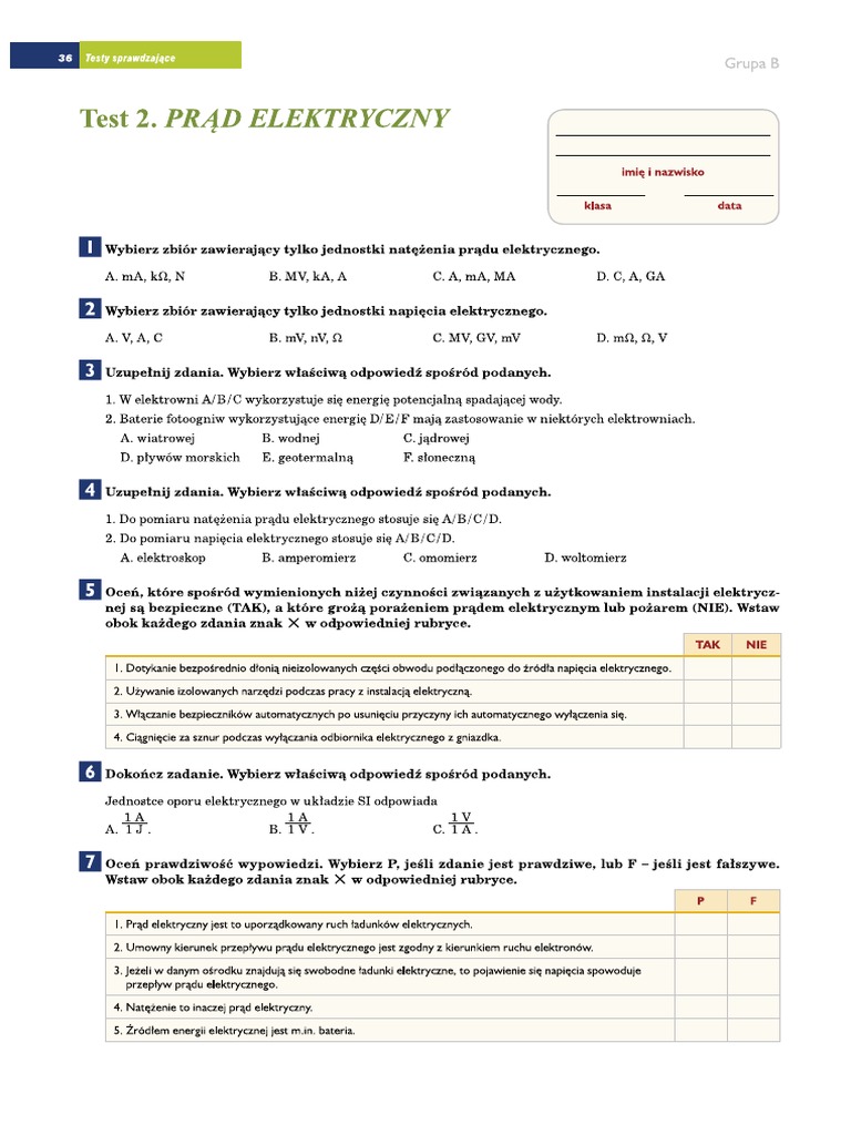 Fizyka Klasa 8 Prąd Elektryczny Sprawdzian Prad Elektryczny | PDF