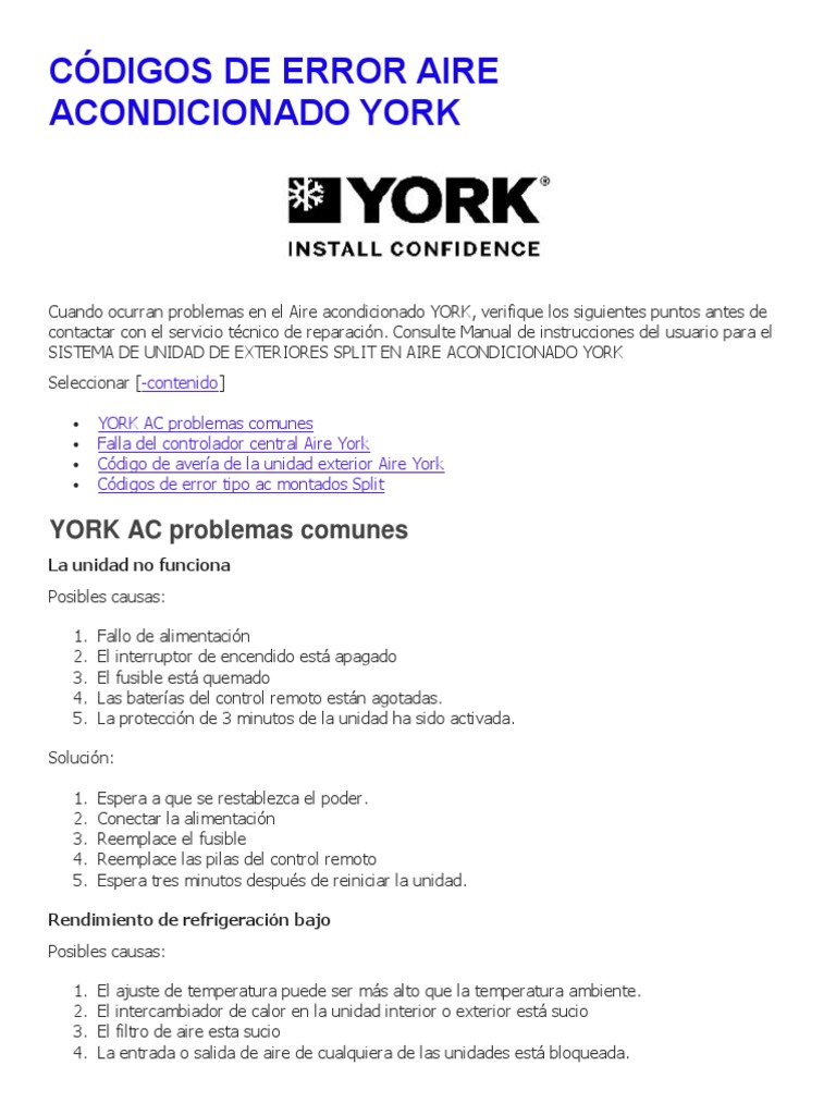 CÓDIGOS DE ERROR AIRE ACONDICIONADO YORK PDF Aire acondicionado