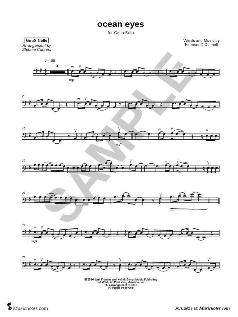 GnuS Cello Ocean Eyes Sheet Music (Cello Solo) in G Major