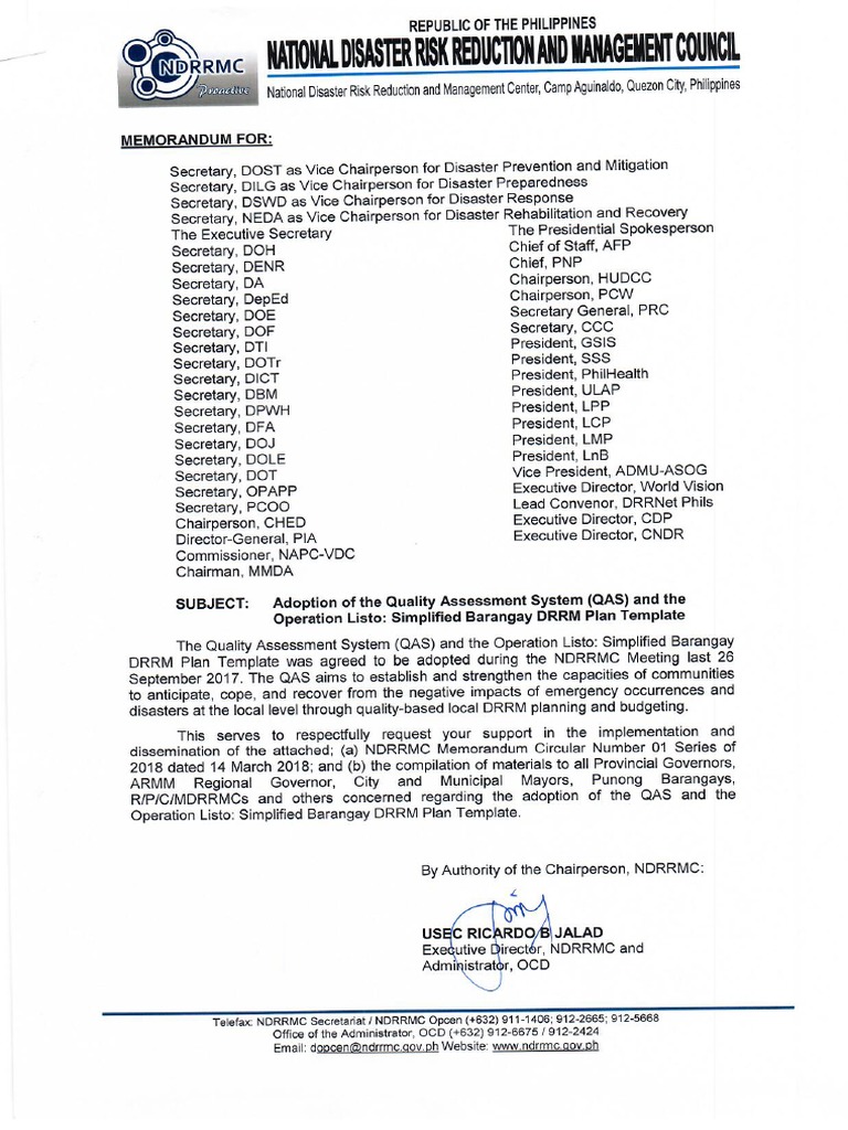 Memorandum For NDRRMC Member Agencies BDRRM PDF