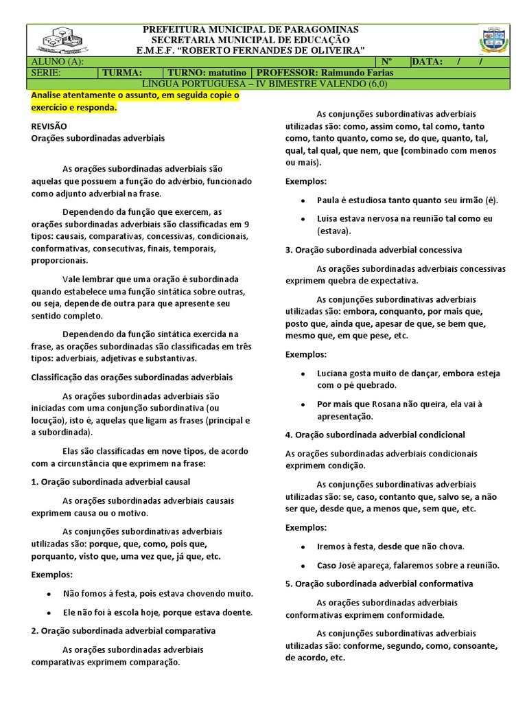 Tipos de Orações Subordinadas Adverbiais | PDF | Gramática | Mecânica ...