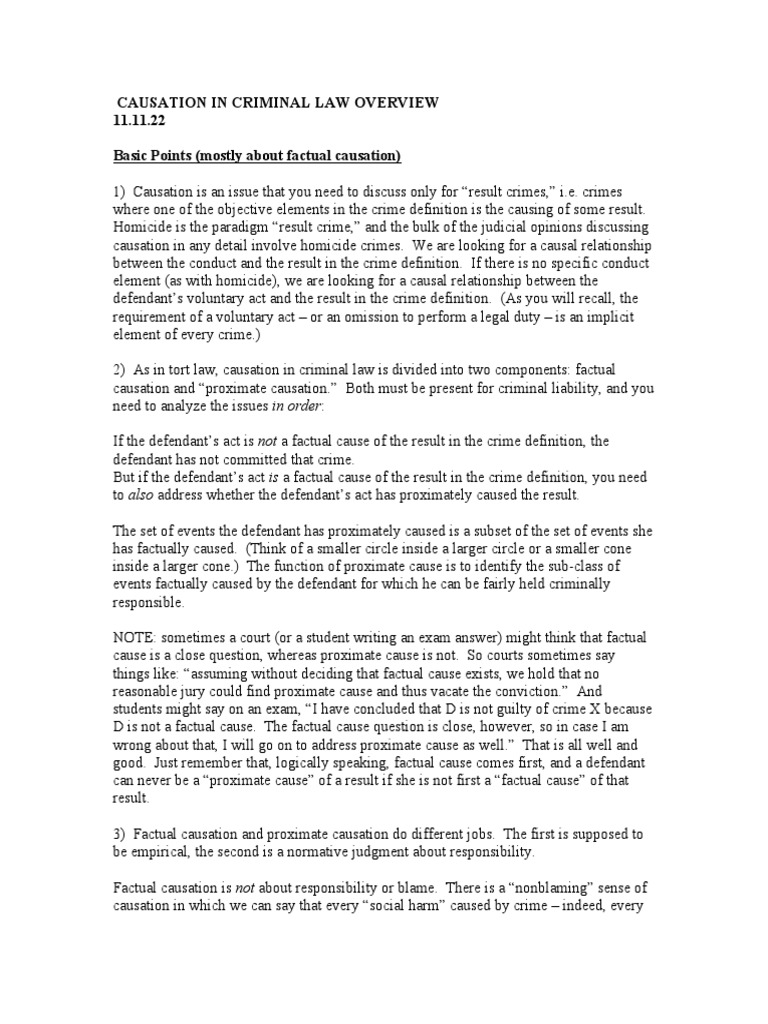 Causation in Criminal Law Overview 11.11.22 PDF Causation (Law) Proximate Cause