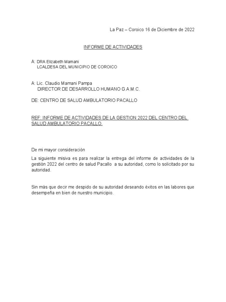 Informe de Actividades Gestion 2022 Coroico C.s.pacallo | PDF ...