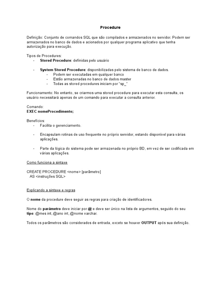 Definição e Exemplos de Procedures SQL | PDF | Dados de computador ...