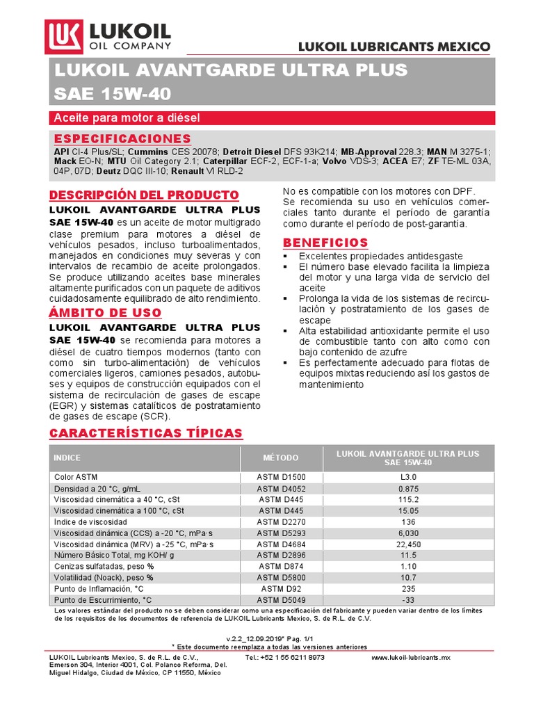 Tds Lukoil Avantgarde Ultra Plus Sae 15w-40 v.2.2 Esp | PDF ...