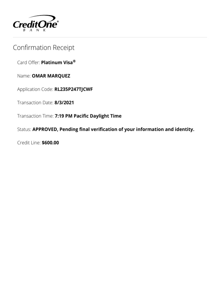 Application Approved Credit One Bank PDF