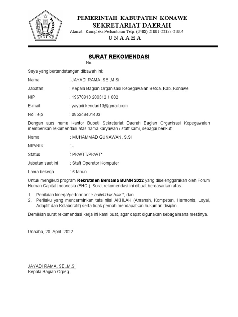 Surat Rekomendasi Rekrutmen BUMN 2022 | PDF