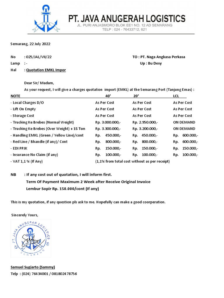 Quotation for EMKL Import Charges | PDF
