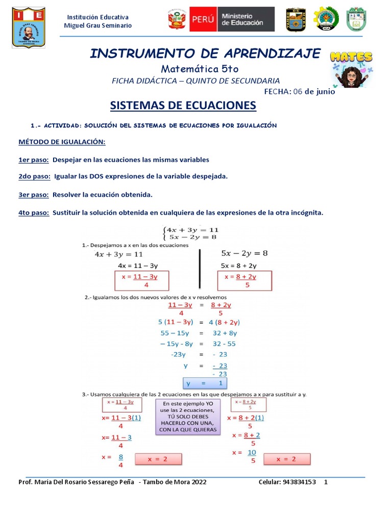 Ficha de Trabajo - 5TO Año 06-08-09 de JUNIO | PDF | Ecuaciones ...