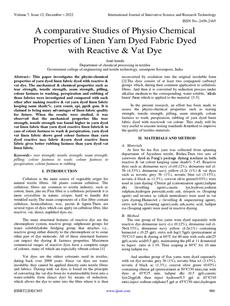 A Comparative Studies of Physio Chemical Properties of Linen Yarn Dyed