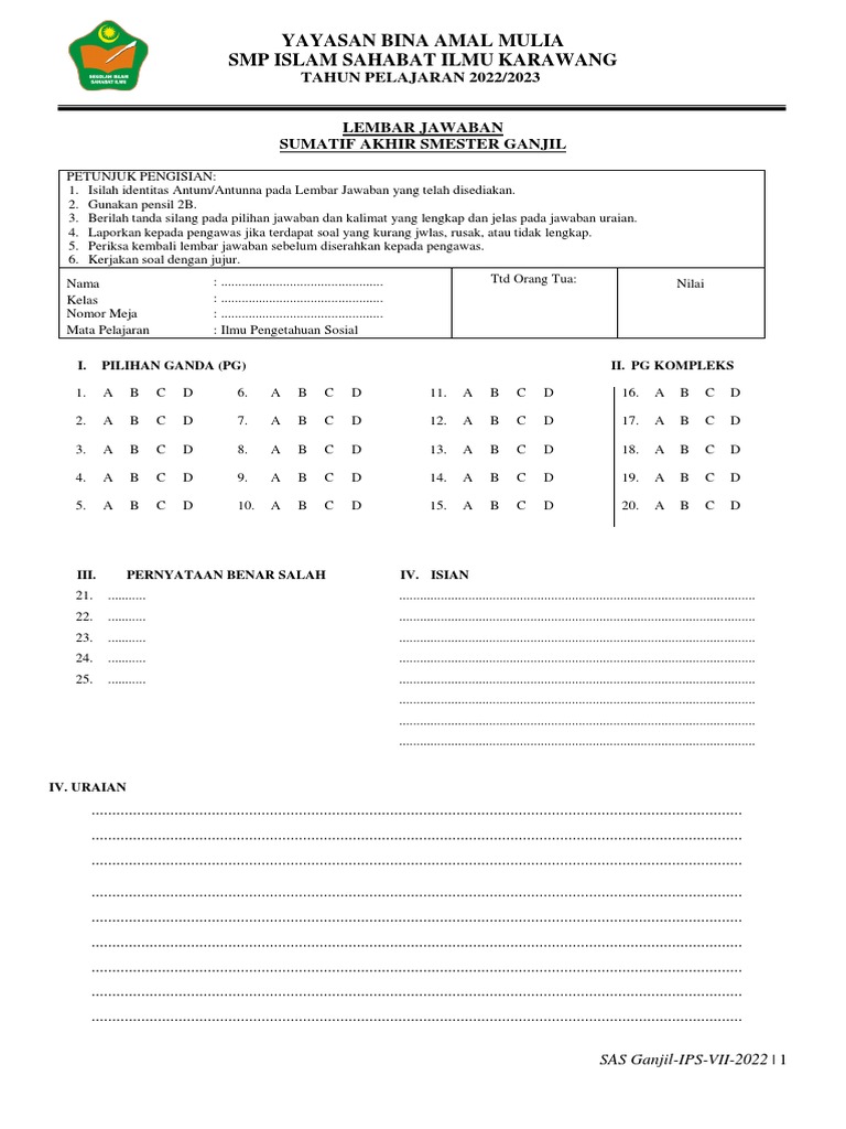 LEMBAR JAWABAN SAS IPS Kelas 7 2022 - 112235 | PDF