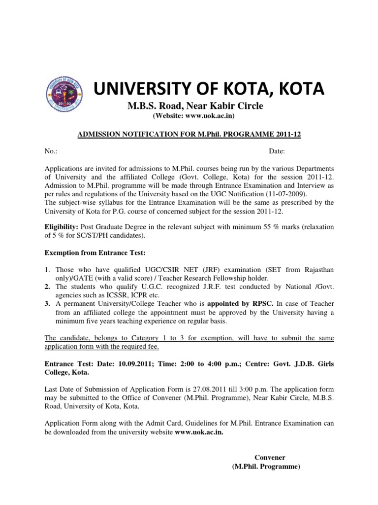 M.Phil. Admission Notice 2011-12 | PDF | Educational Stages ...