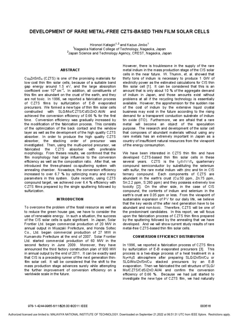 Development of Rare Metal-Free CZTS-based Thin Film Solar Cells | PDF ...