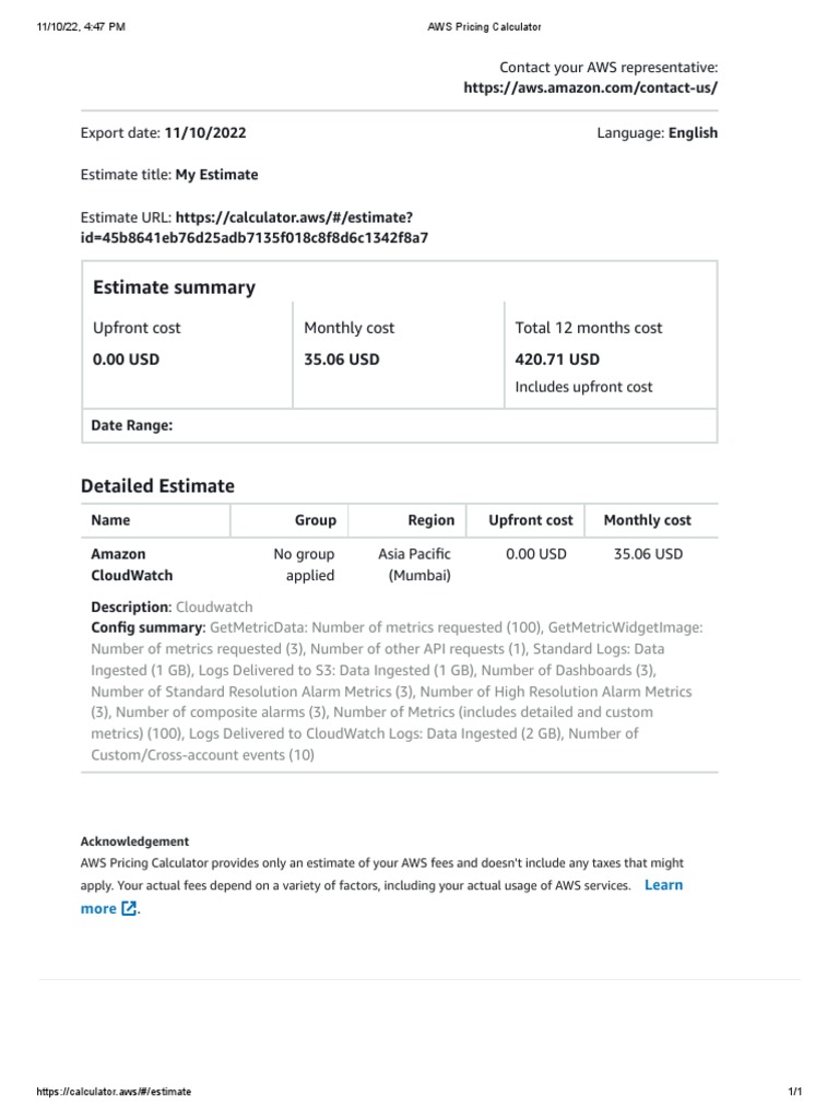 AWS CloudWatch Cost Estimate | PDF | Finance & Money Management