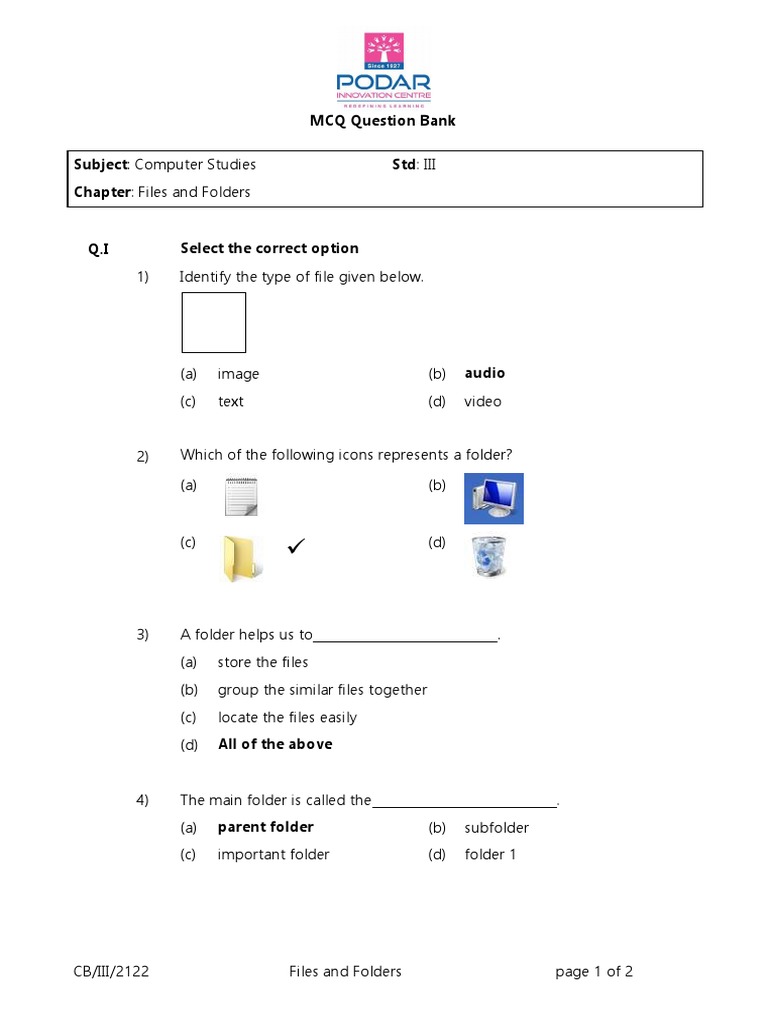 Class 3 MCQs on Files and Folders | PDF | Computer File | Directory ...