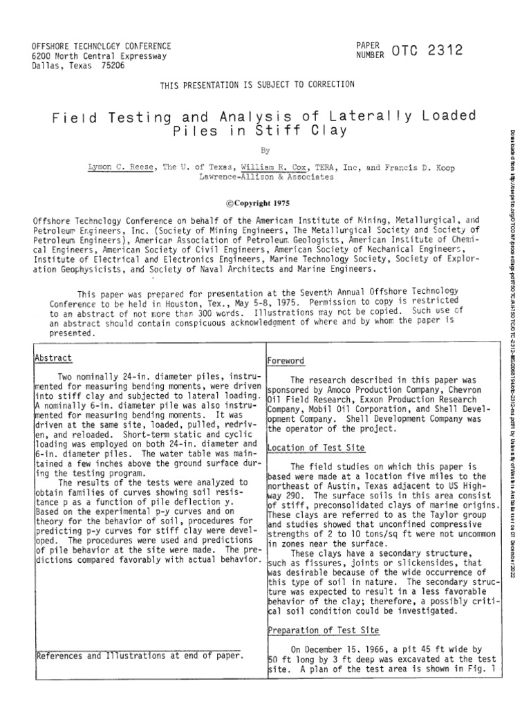 Field Testing and Analysis of Laterally Loaded Piles Om Stiff Clay (IMP