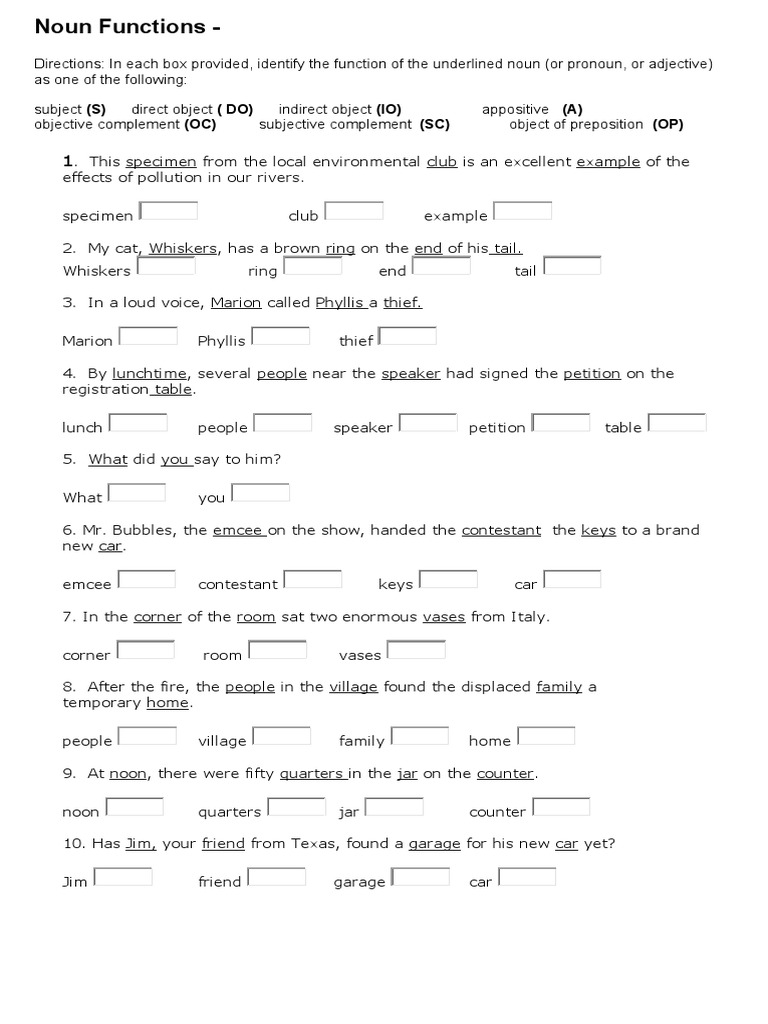 Functions of Nouns Worksheet | PDF | Language Arts & Discipline ...